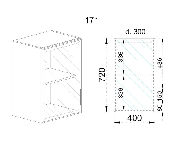 Горен модул със стъклена врата Алу глас и рафт АРАЛ - 171 (ляв)