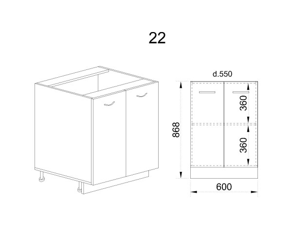 Долен модул за вграждане на мивка с две врати и рафт БФ-Дъб натурал-06-22