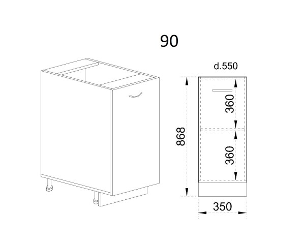 Долен модул с врата и рафт АРФ-Бяло фладер-04-90 (ляв)