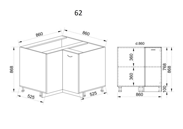 Долен модул ъглов с две врати и рафт АРФ-Бяло фладер-04-62 (ляв)