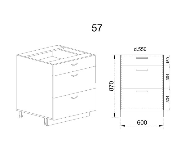 Долен модул с три чекмеджета БФ-Бяло фладер-04-57