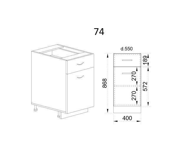 Долен модул с чекмедже,врата и рафт МФ-Бяло фладер-04-74 (ляв)