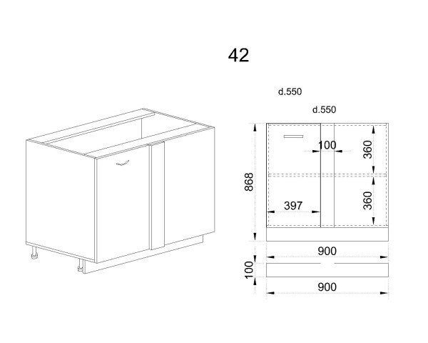 Долен модул за ъгъл с врата и рафт МФ-Карбон мат-11-42