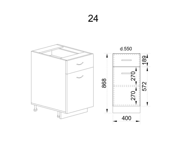 Долен модул с чекмедже,врата и рафт МФ-Антрацит гланц-05-24