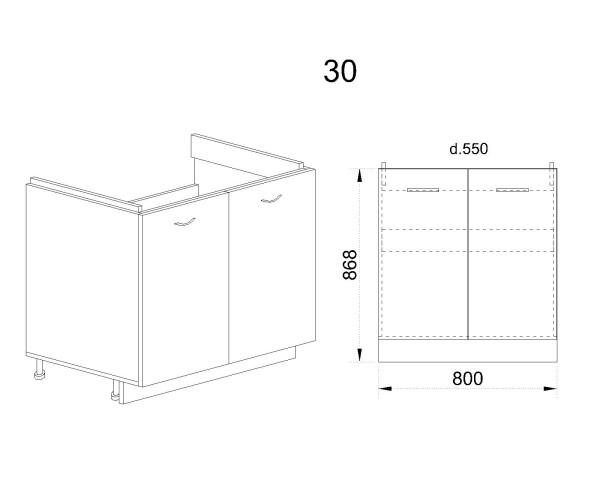 Долен модул за бордова мивка с две врати БФ-Крийм гланц-11-30