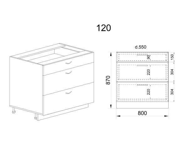 Долен модул с три чекмеджета с плавно затваряне АРФ-Деним мат-06-120